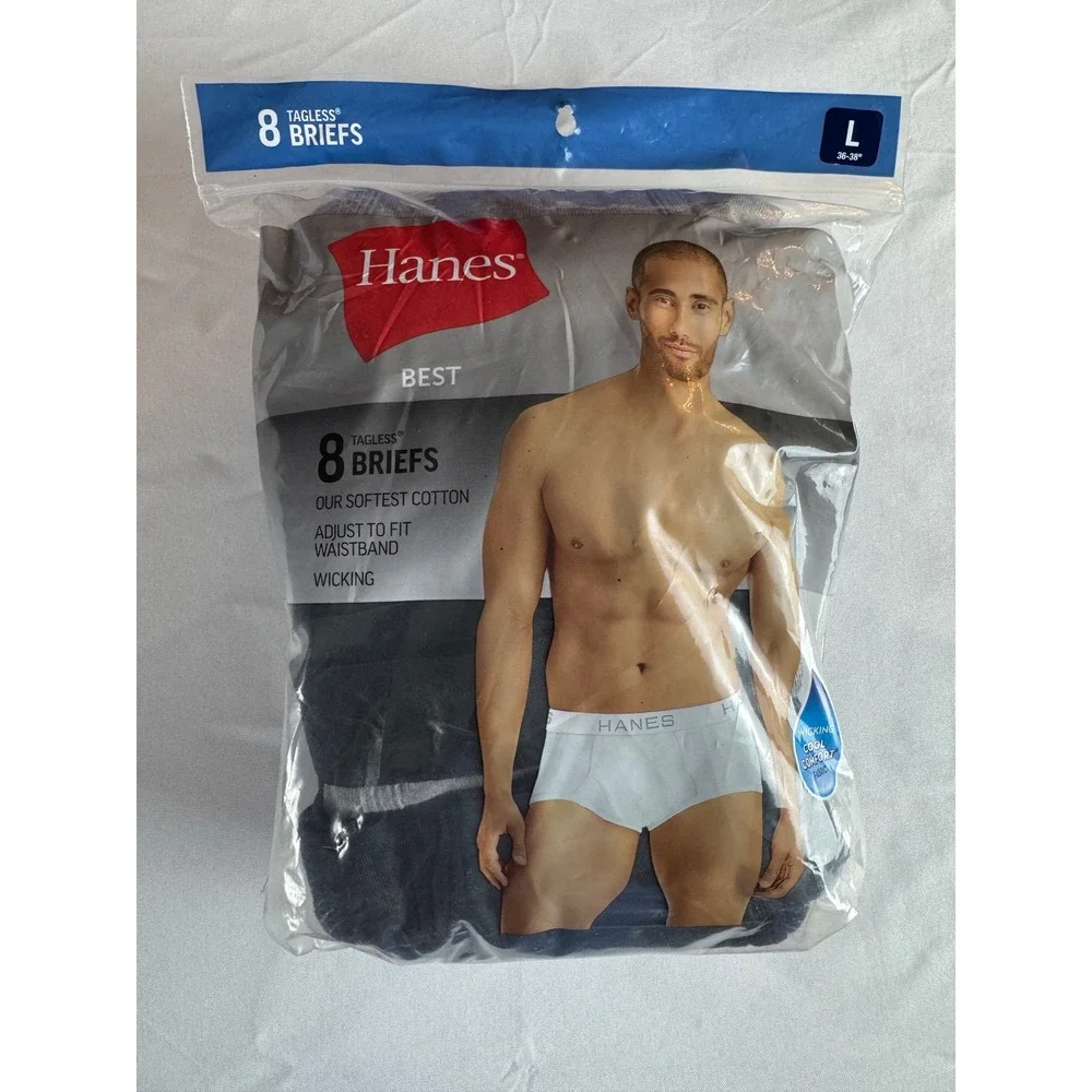 Hanes Men's Large 8 Pack Tagless Cotton Briefs Cool Comfort Moisture Wicking NWT